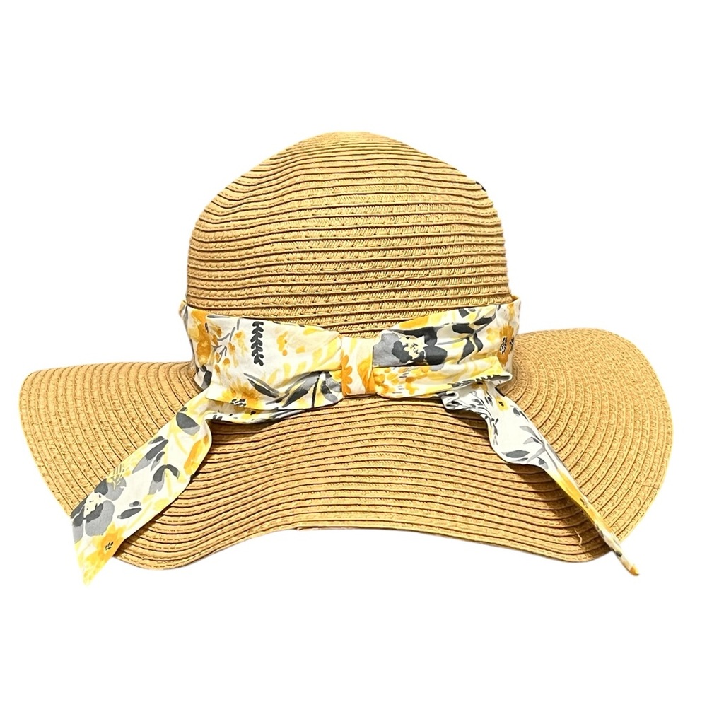 Joie Designer Straw Sun Wide Brim Beach Hat Floral Navy Yellow Orange White Band